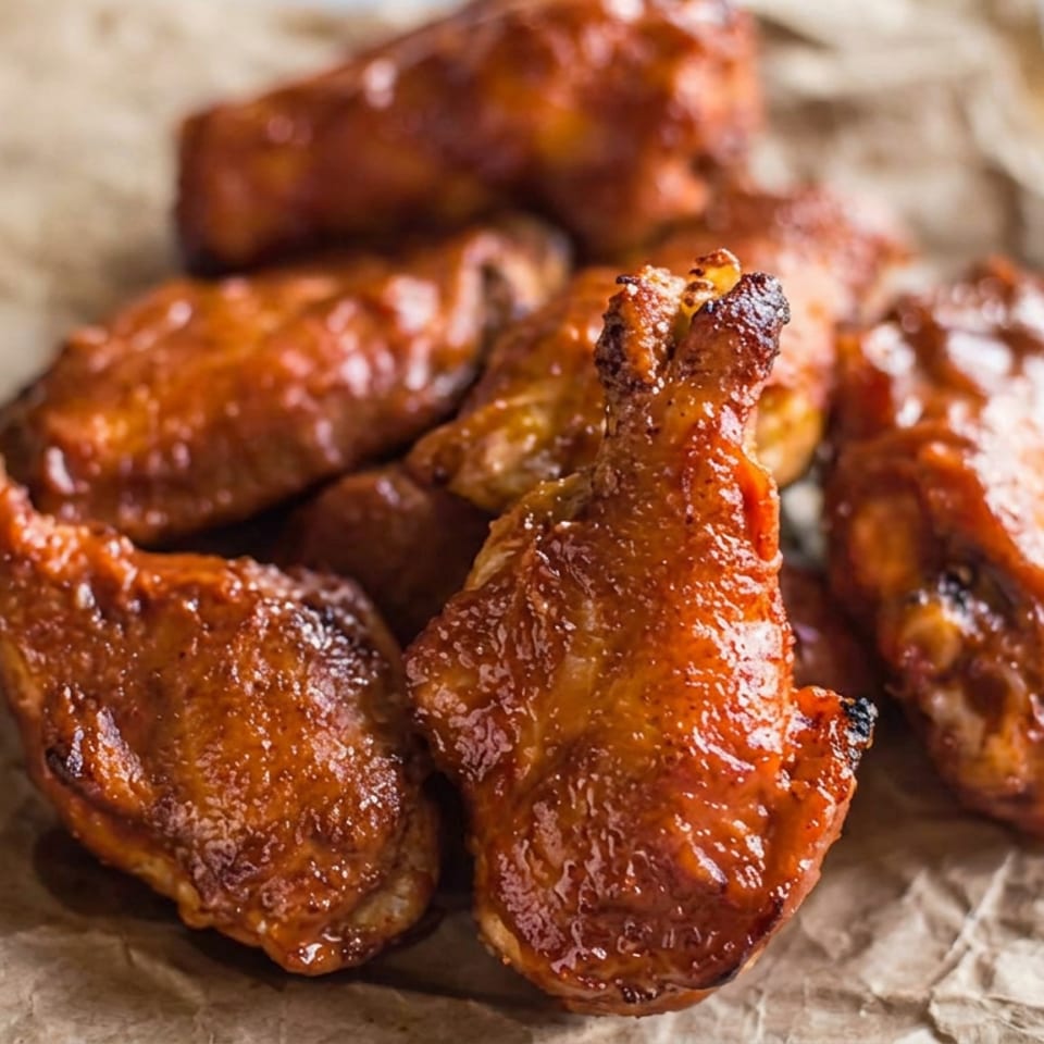 Glazed roasted chicken wings arranged on crumpled parchment paper.