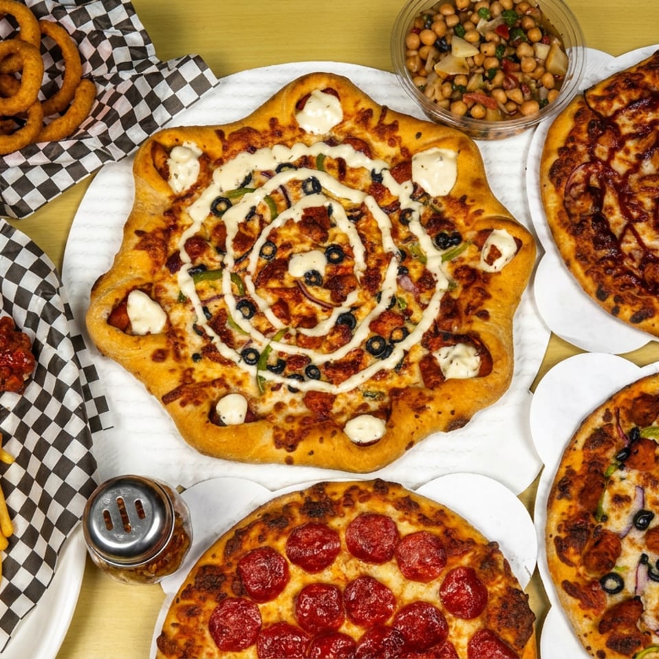 Overhead spread of assorted pizzas, buffalo wings with fries, onion rings, dipping sauce, and chickpea salad on a wooden table.