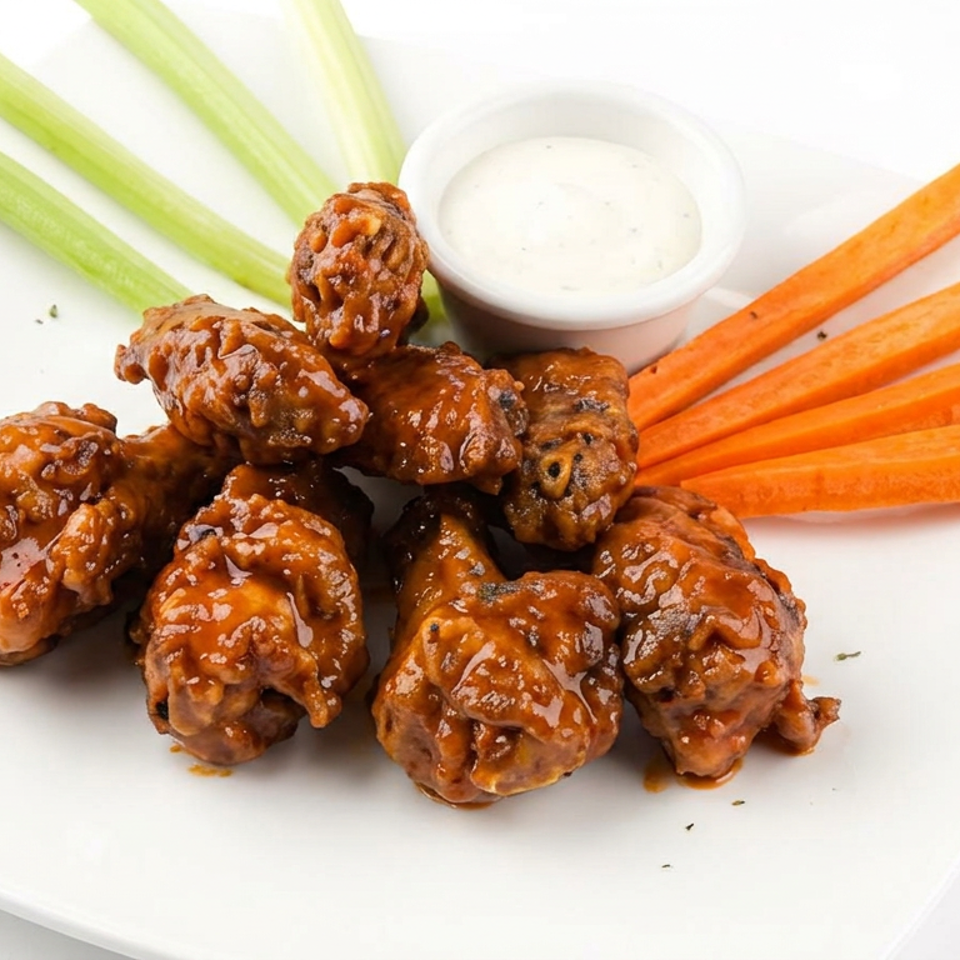 Glazed chicken wings served with carrot and celery sticks alongside a cup of creamy dipping sauce.