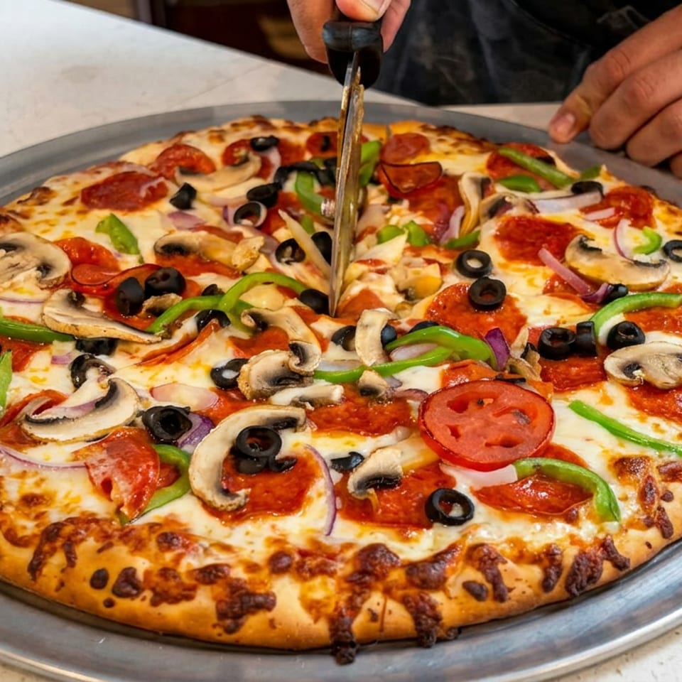 A loaded pepperoni pizza with mushrooms, olives, green peppers, onions, and tomatoes is being sliced on a metal tray.