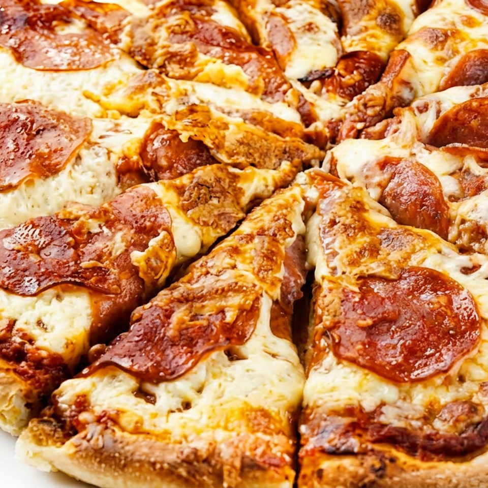 Close-up of a cheesy pepperoni pizza cut into slices, with a golden-brown crust and abundant toppings.