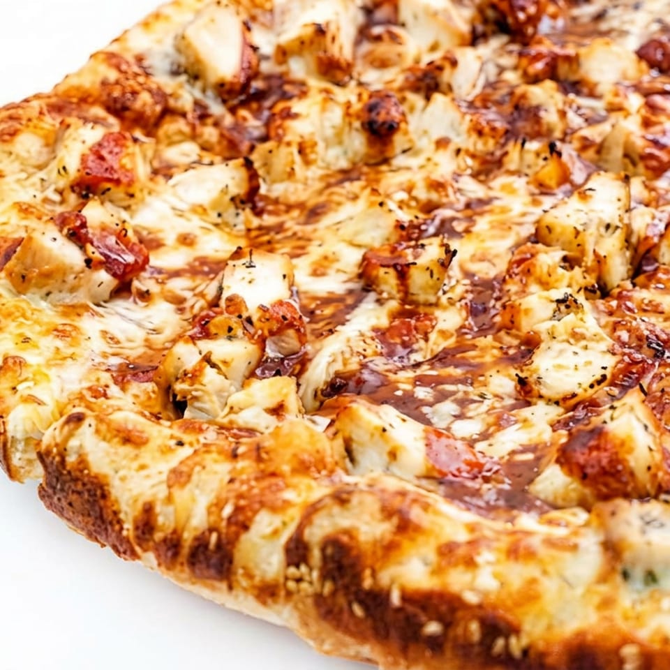 Close-up of a golden, cheese-covered pizza topped with diced chicken and browned bacon pieces.