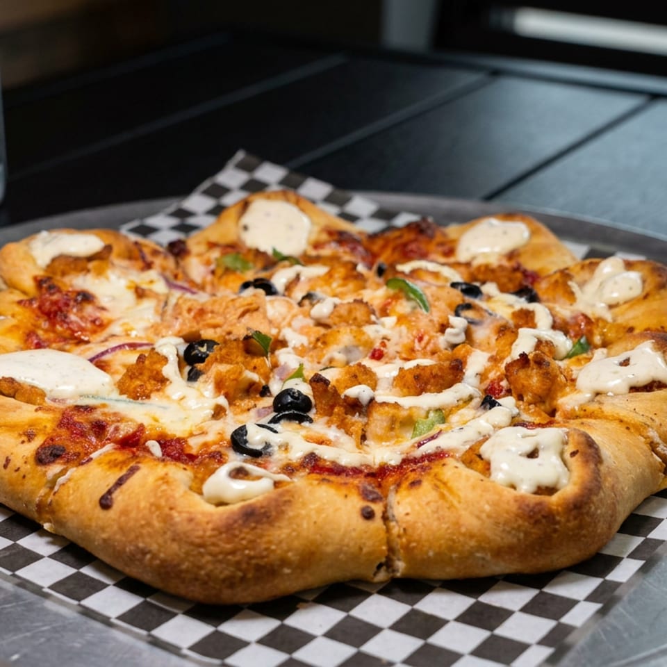 Loaded pizza with creamy sauce, chicken, olives, peppers, and melted cheese on checkered paper atop a metal tray.