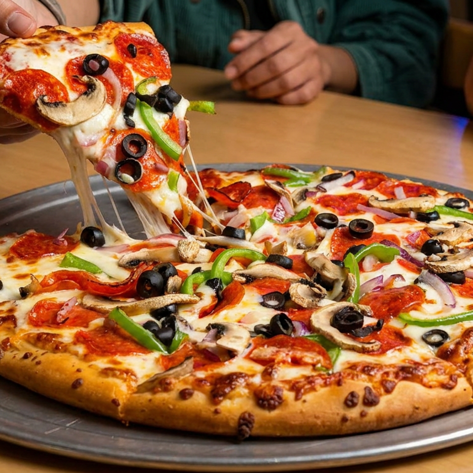 A hand lifts a cheesy slice from a loaded pepperoni pizza topped with mushrooms, olives, green peppers, and onions.