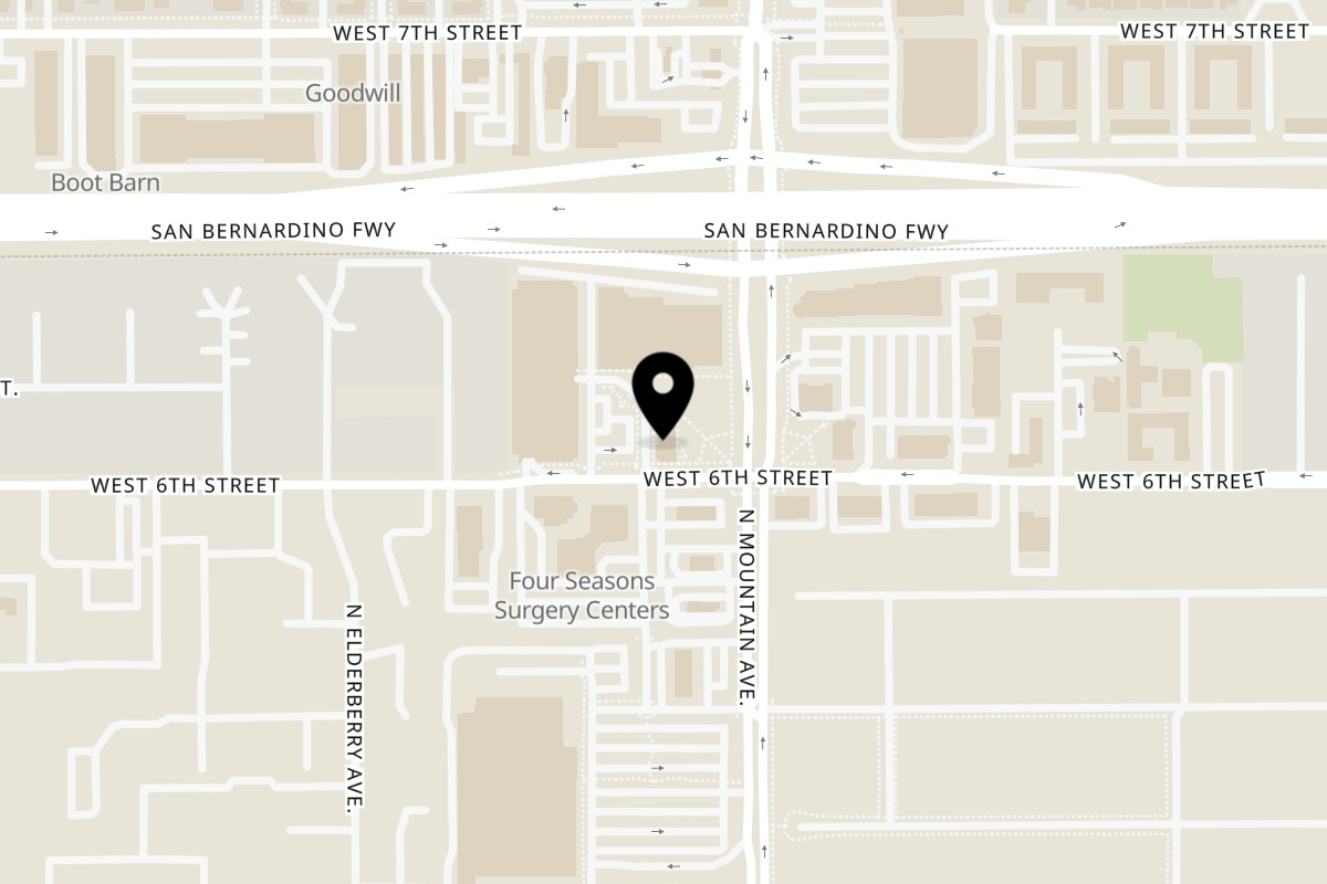 Map showing the location of Mountain Pizza Halal on 1515 N Mountain Ave D in Ontario